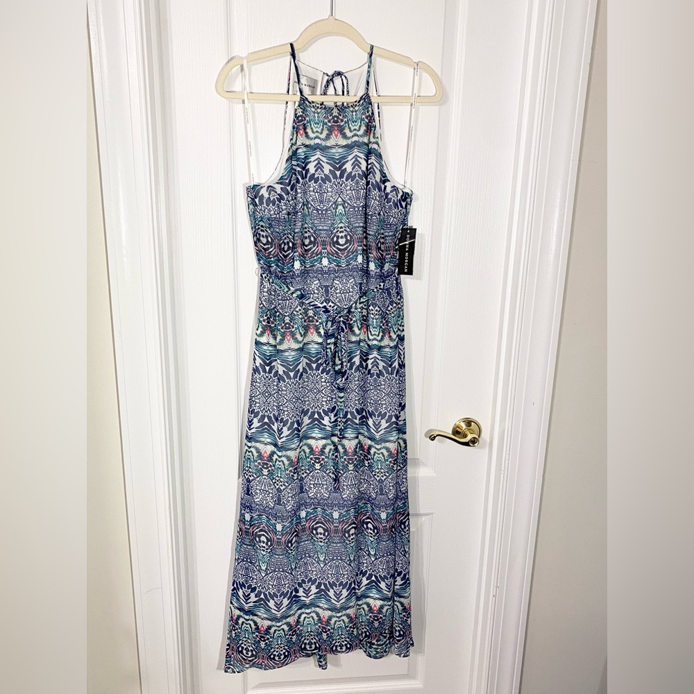 Donna Morgan Patterned Belted Hi Lo Maxi Halter Dress Blue White Size 8
